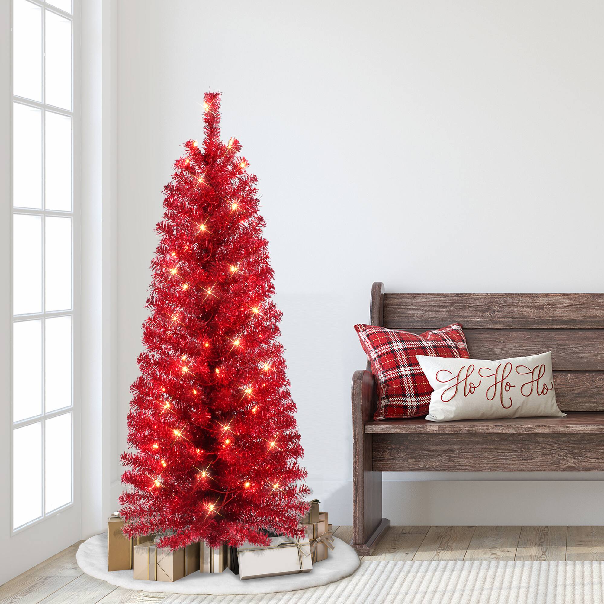 4.5ft. Pre-Lit Red Tinsel Artificial Christmas Tree, Clear Lights